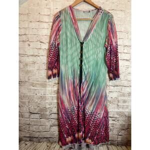Filo Top Womens 14 Pastel Long Line Button Front Coverlet Mesh Artsy Boho Hippie